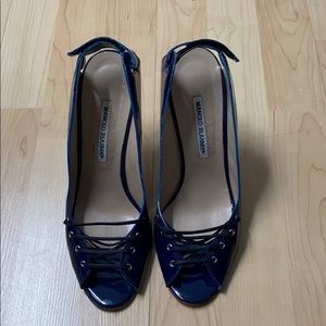 Manolo Blahnik Patent Open-toed Heels